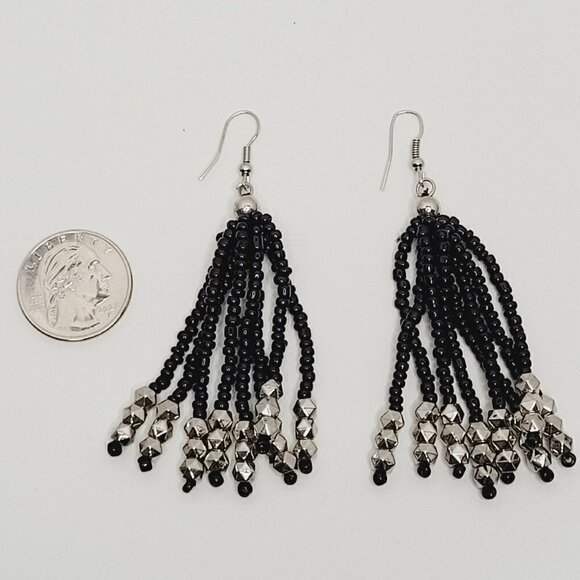 Vintage 3 Pc Set Black Multi Strand Beaded Necklace Earrings Bracelet Jewelry - Picture 8 of 12